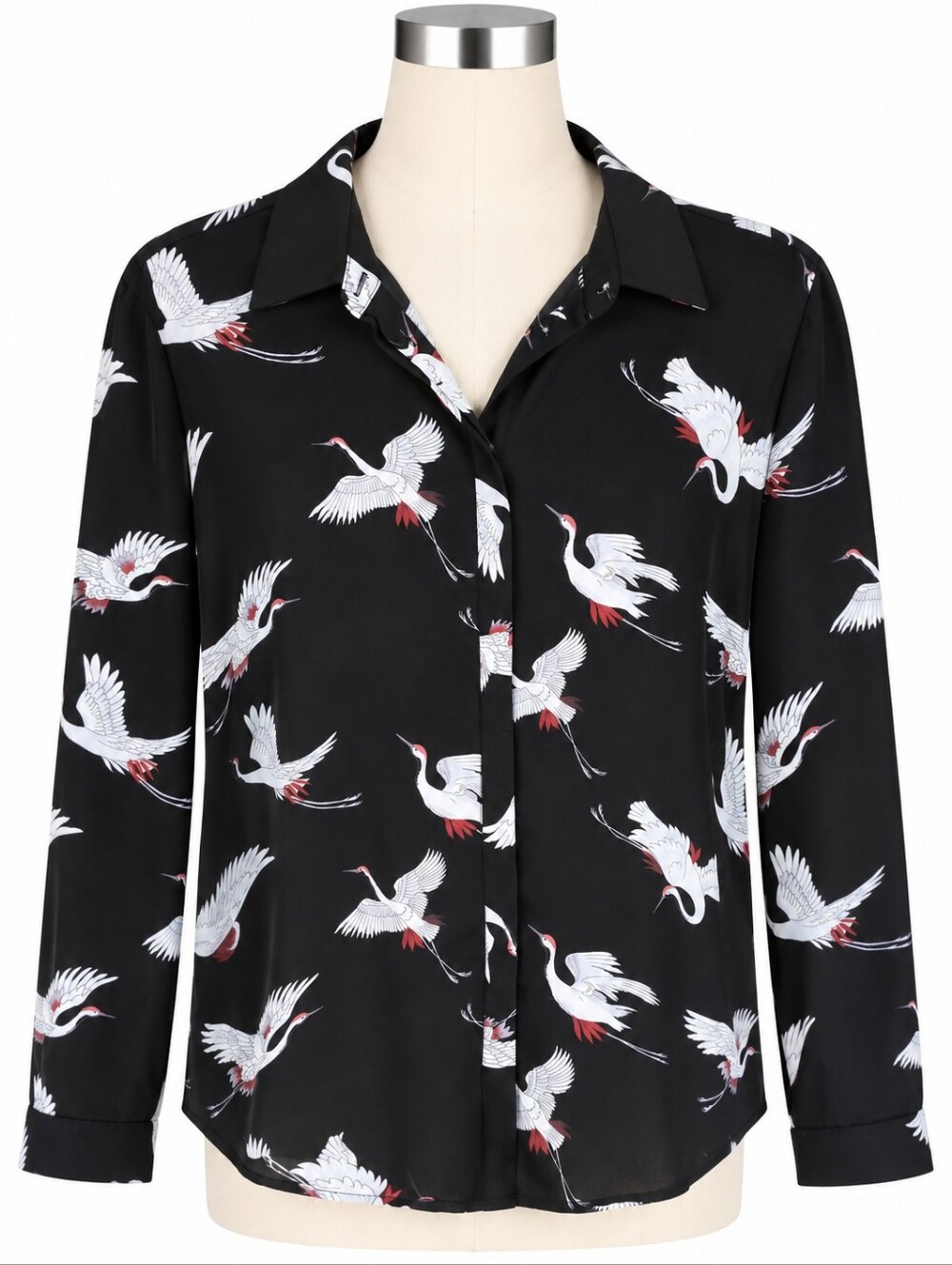 LOFT Women Large Blouse Black Crane Bird Print Long Sleeve Button Down Shirt L